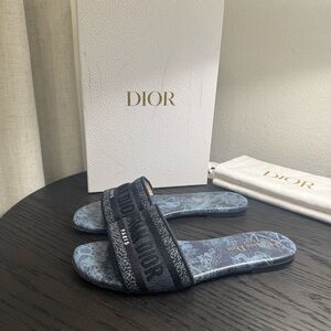 Christian Dior Dway Slide Sandal Embroidered Logo Blue 38.5